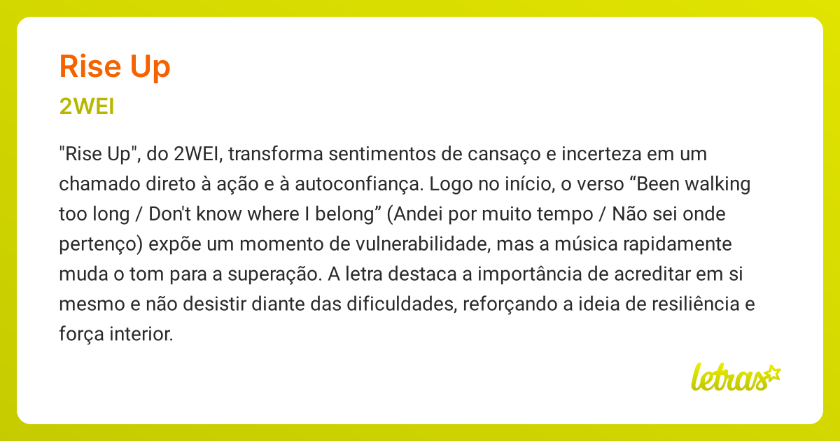 Significado da música RISE UP (2WEI) - LETRAS.MUS.BR
