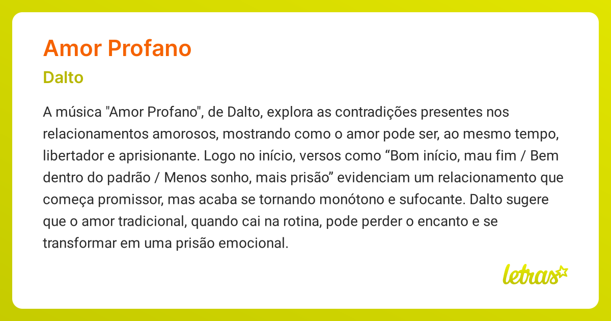 Significado da música AMOR PROFANO (Dalto) - LETRAS.MUS.BR