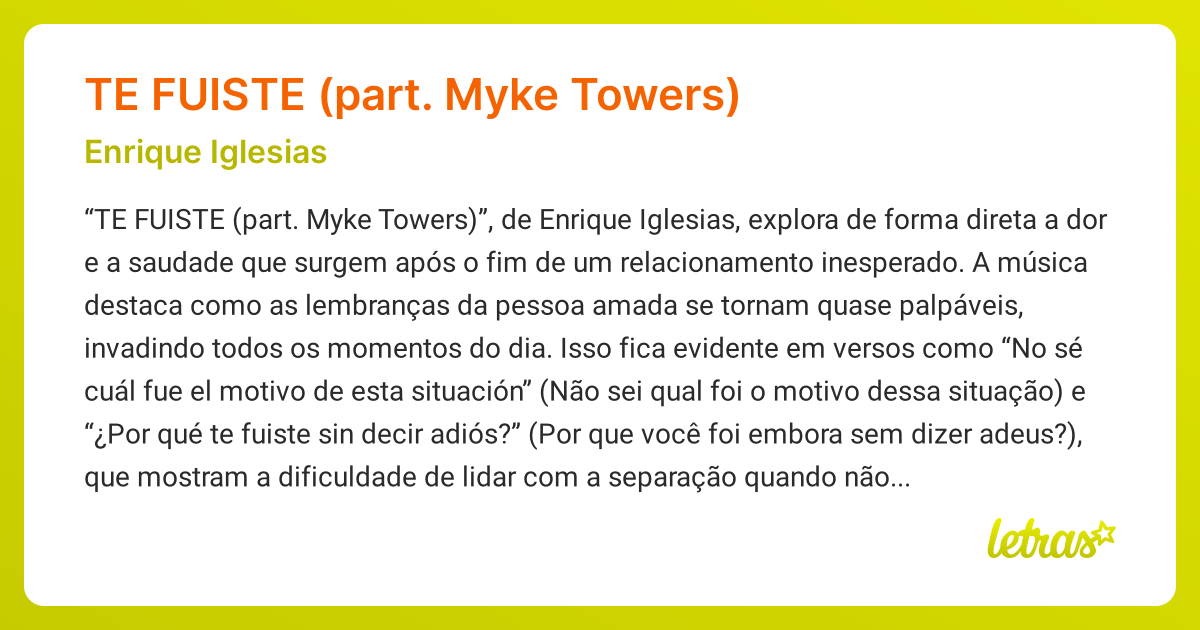 Significado da música TE FUISTE (PART. MYKE TOWERS) (Enrique Iglesias ...