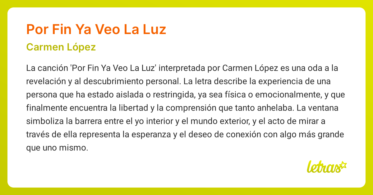 Significado de la canción POR FIN YA VEO LA LUZ (Carmen López) - LETRAS.COM