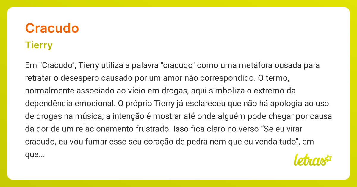 Significado da música CRACUDO (Tierry) - LETRAS.MUS.BR