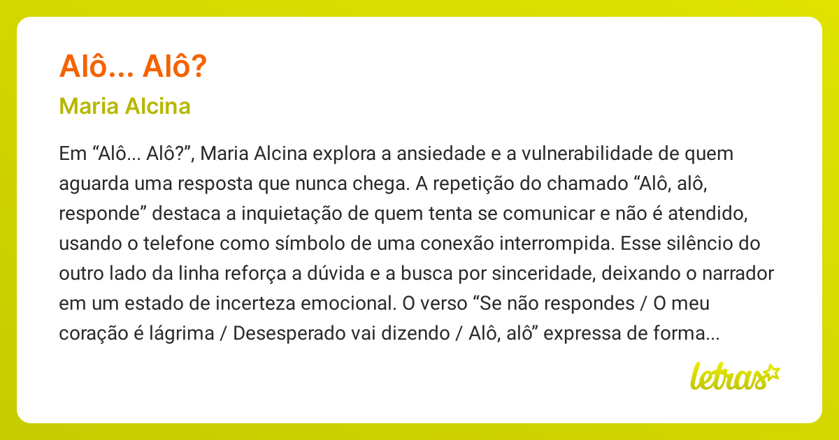 Significado da música ALÔ... ALÔ? (Maria Alcina) - LETRAS.MUS.BR