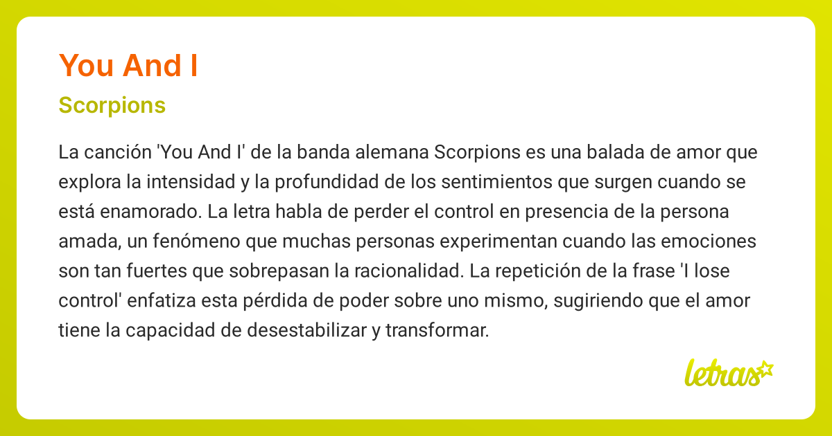 Significado de la canción YOU AND I (Scorpions) - LETRAS.COM