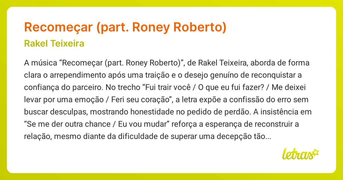 Significado da música Recomeçar (part. Roney Roberto) (Rakel Teixeira ...