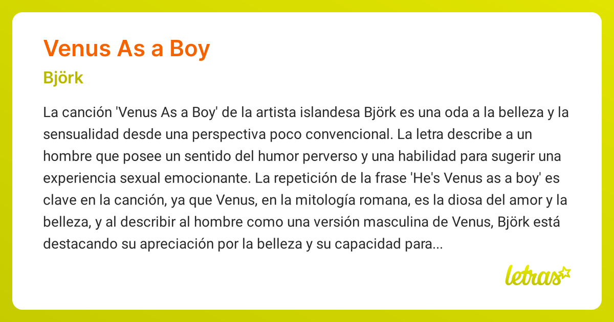 Significado de la canción VENUS AS A BOY (Björk) - LETRAS.COM