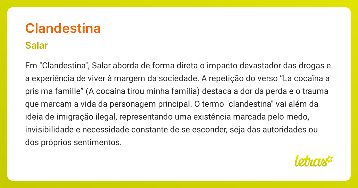 Significado da música CLANDESTINA (Salar) - LETRAS.MUS.BR
