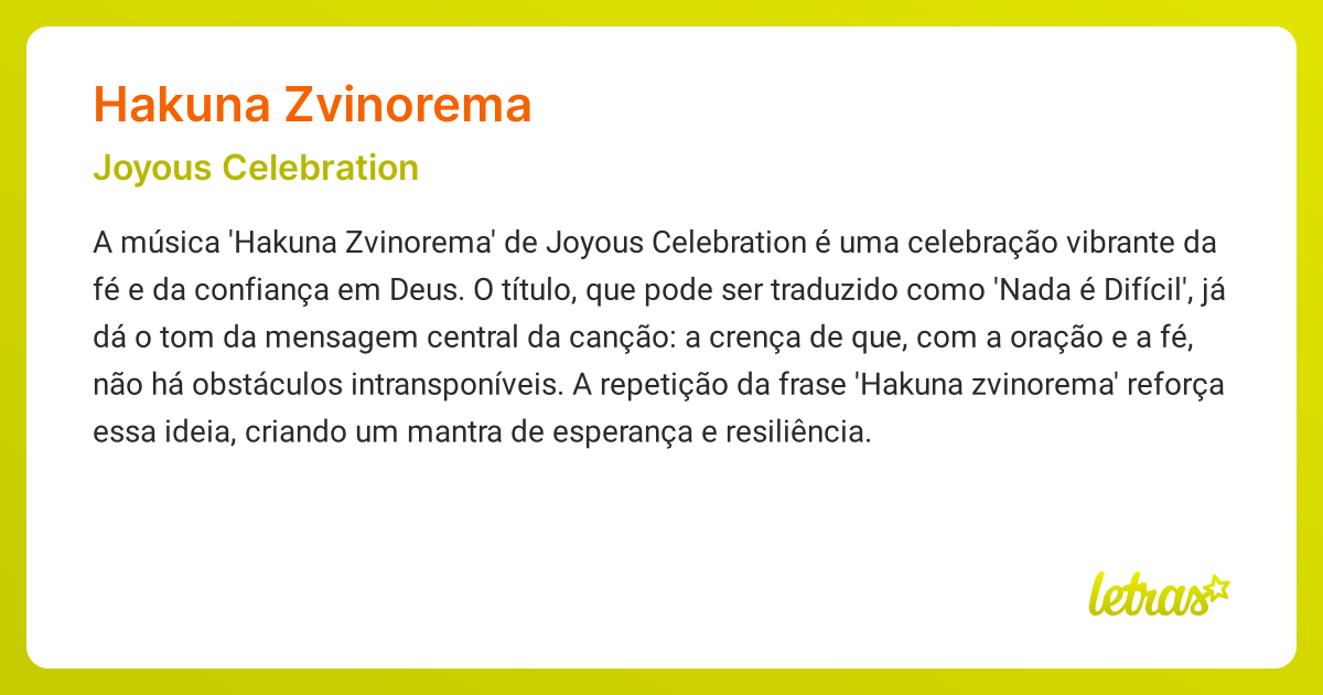 Significado da música HAKUNA ZVINOREMA (Joyous Celebration) LETRAS.MUS.BR