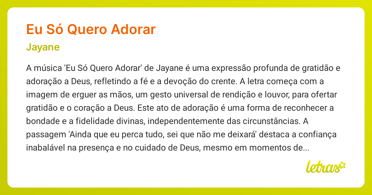 Significado da música EU SÓ QUERO ADORAR (Jayane) - LETRAS.MUS.BR