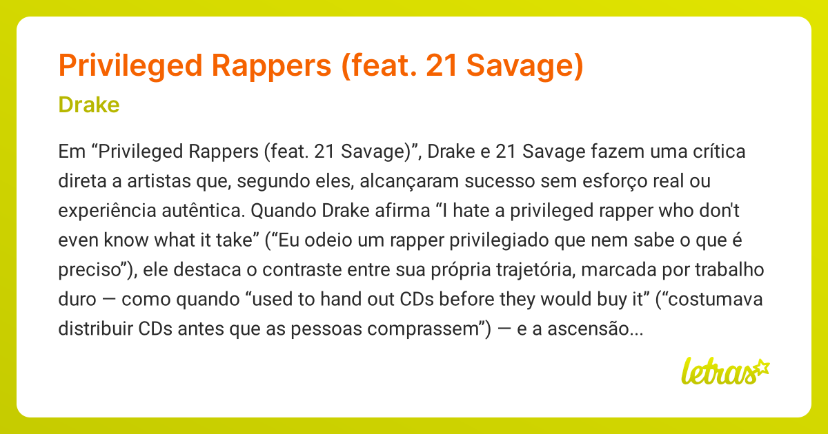 Significado da música Privileged Rappers (feat. 21 Savage) (Drake ...