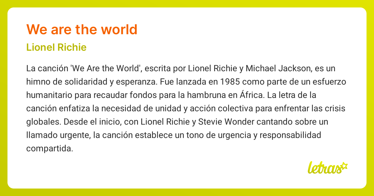 Significado de la canción WE ARE THE WORLD (Lionel Richie) - LETRAS.COM