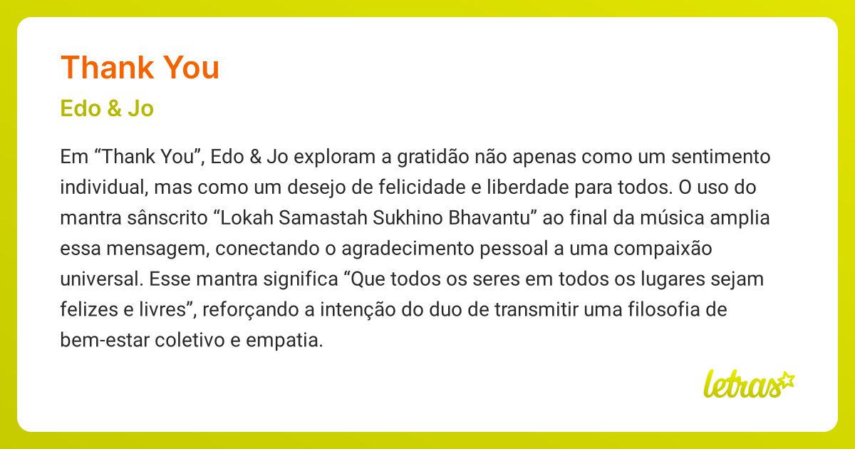 Significado da música THANK YOU (Edo & Jo) - LETRAS.MUS.BR
