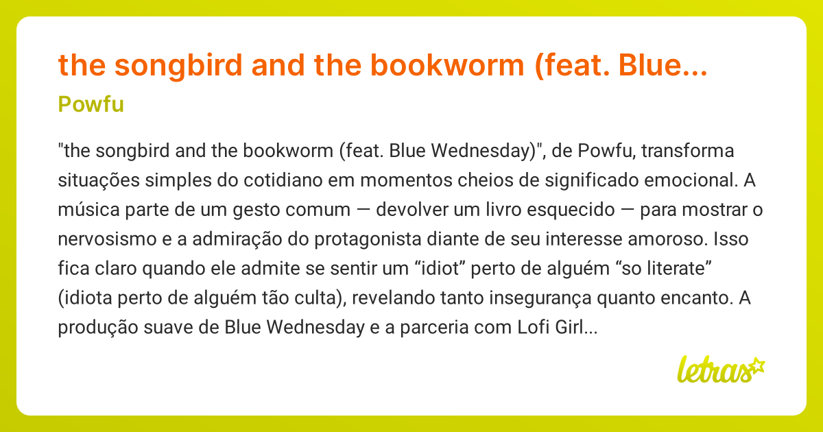 Significado da música the songbird and the bookworm (feat. Blue ...