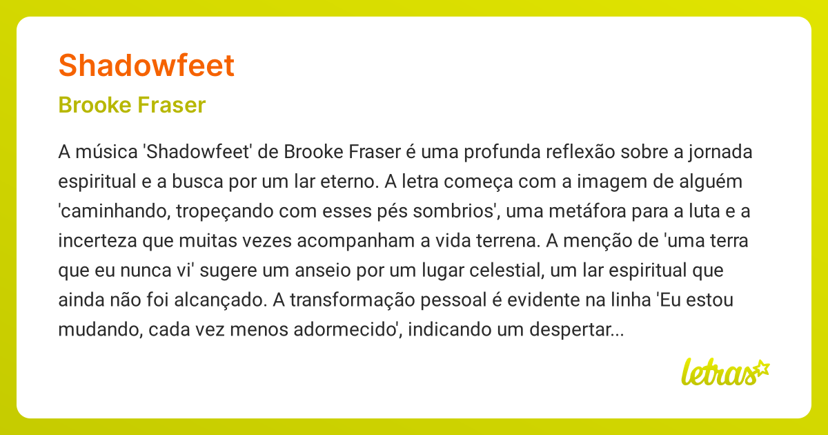 Significado da música SHADOWFEET (Brooke Fraser) - LETRAS.MUS.BR