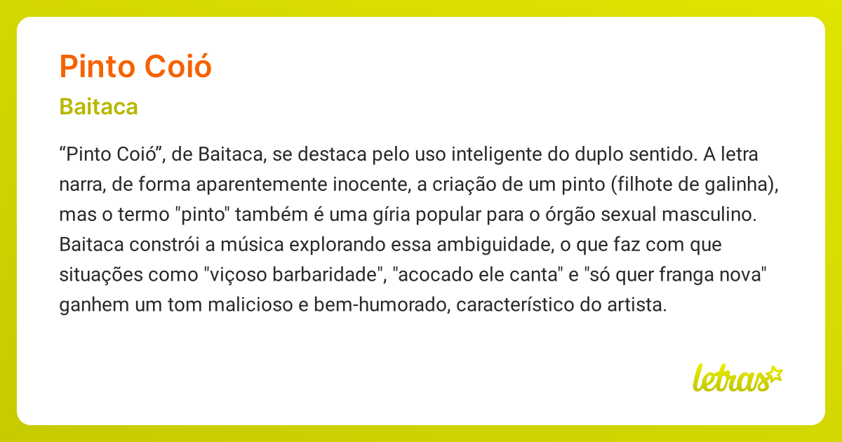 Significado da música PINTO COIÓ (Baitaca) - LETRAS.MUS.BR