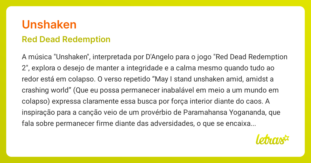Significado da música UNSHAKEN (Red Dead Redemption) - LETRAS.MUS.BR