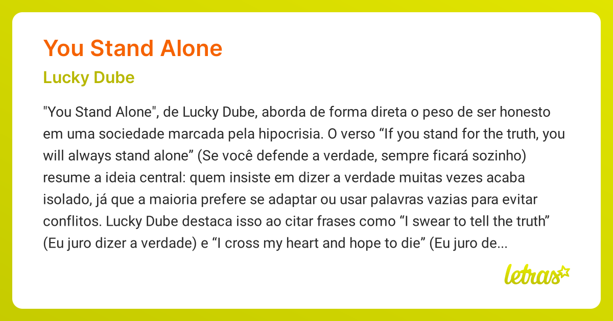 Significado da música YOU STAND ALONE (Lucky Dube) LETRAS.MUS.BR