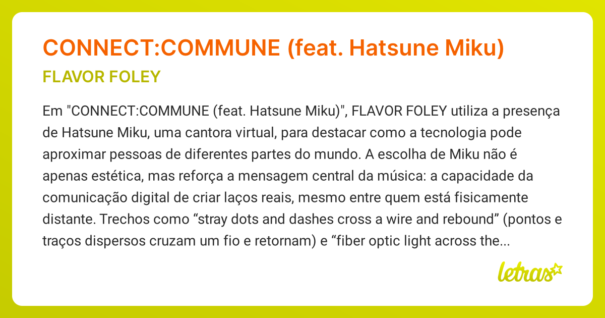 Significado da música CONNECT:COMMUNE (feat. Hatsune Miku) (FLAVOR ...