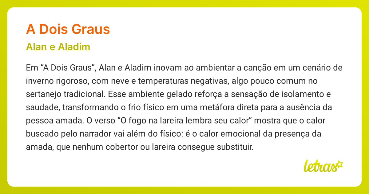 Significado da música A DOIS GRAUS (Alan e Aladim) - LETRAS.MUS.BR