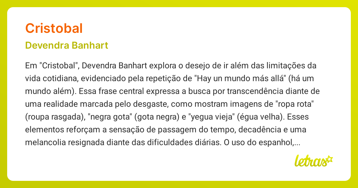 Significado da música CRISTOBAL (Devendra Banhart) - LETRAS.MUS.BR