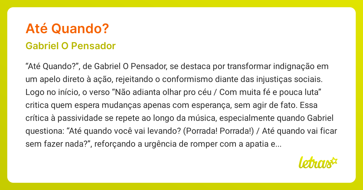 Significado da música ATÉ QUANDO? (Gabriel O Pensador) LETRAS.MUS.BR