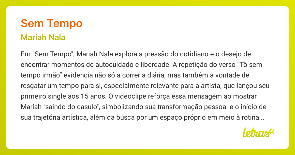 Significado da música SEM TEMPO (Mariah Nala) - LETRAS.MUS.BR