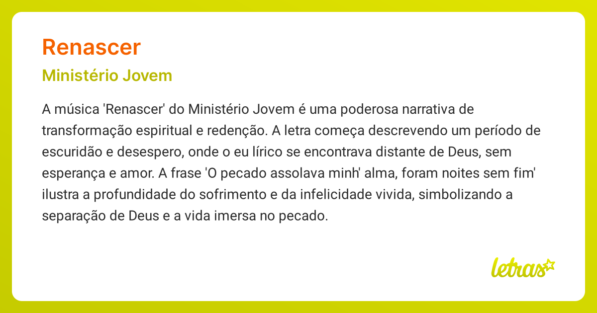 Significado da música RENASCER (Ministério Jovem) - LETRAS.MUS.BR