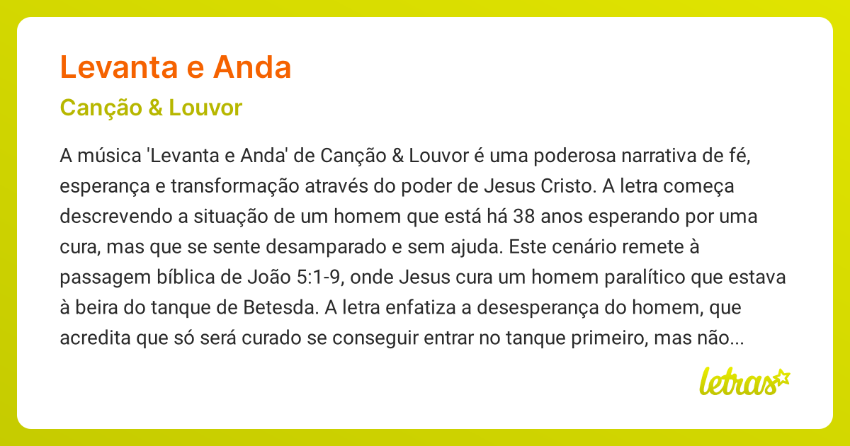 Significado da música LEVANTA E ANDA (Canção &amp; Louvor) - LETRAS.MUS.BR