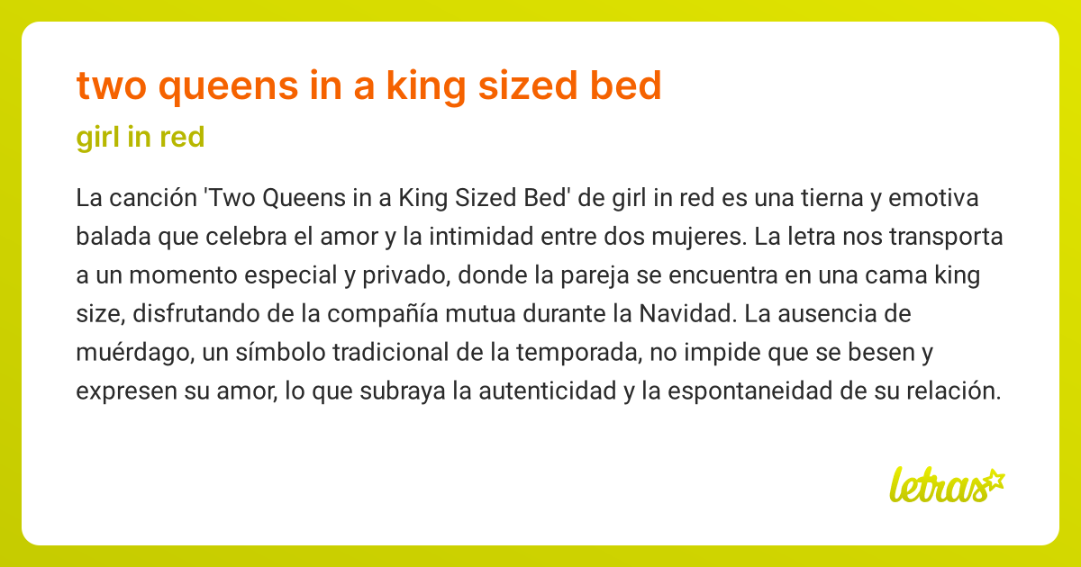 Significado de la canción TWO QUEENS IN A KING SIZED BED (girl in red