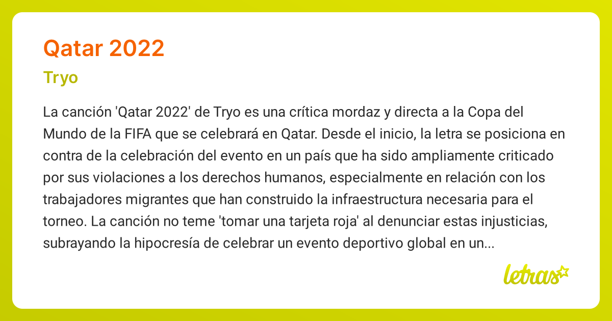 Significado de la canción QATAR 2022 (Tryo) - LETRAS.COM