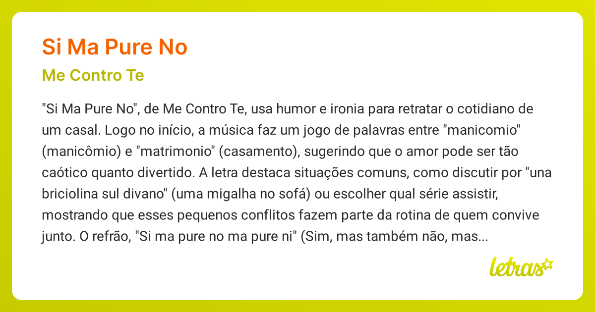 Significado da música SI MA PURE NO (Me Contro Te) - LETRAS.MUS.BR