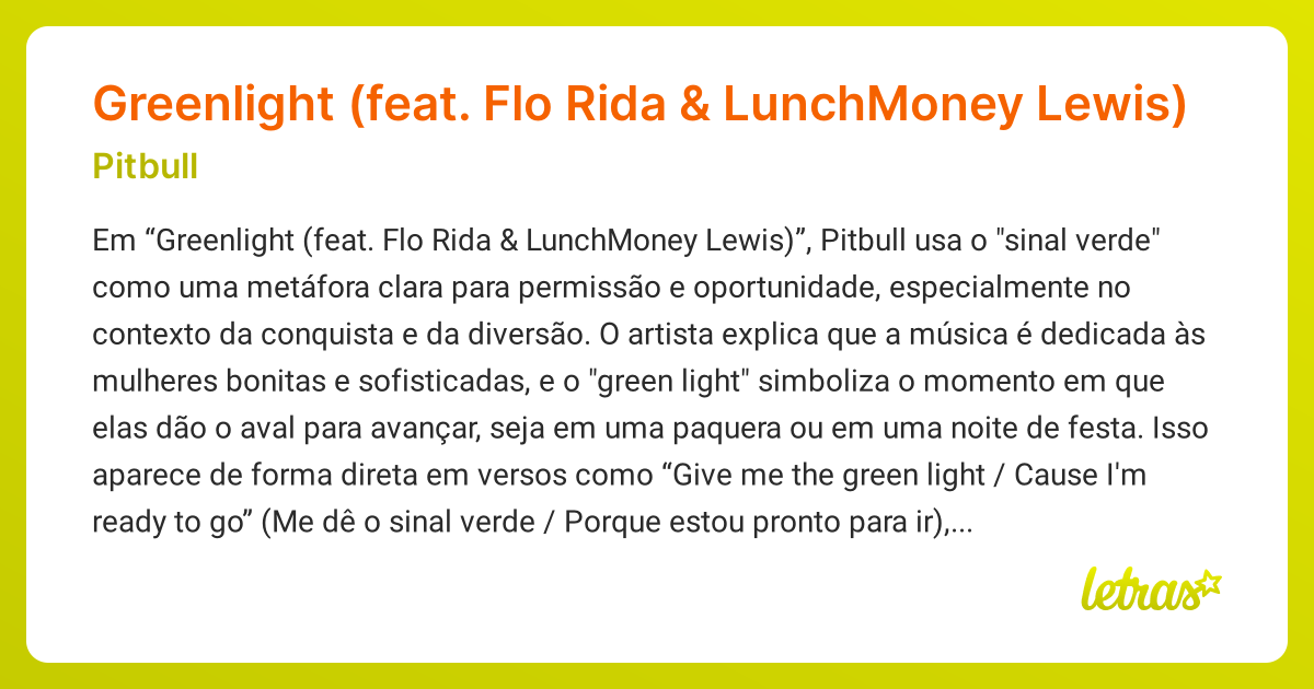 Significado da música Greenlight (feat. Flo Rida & LunchMoney Lewis ...