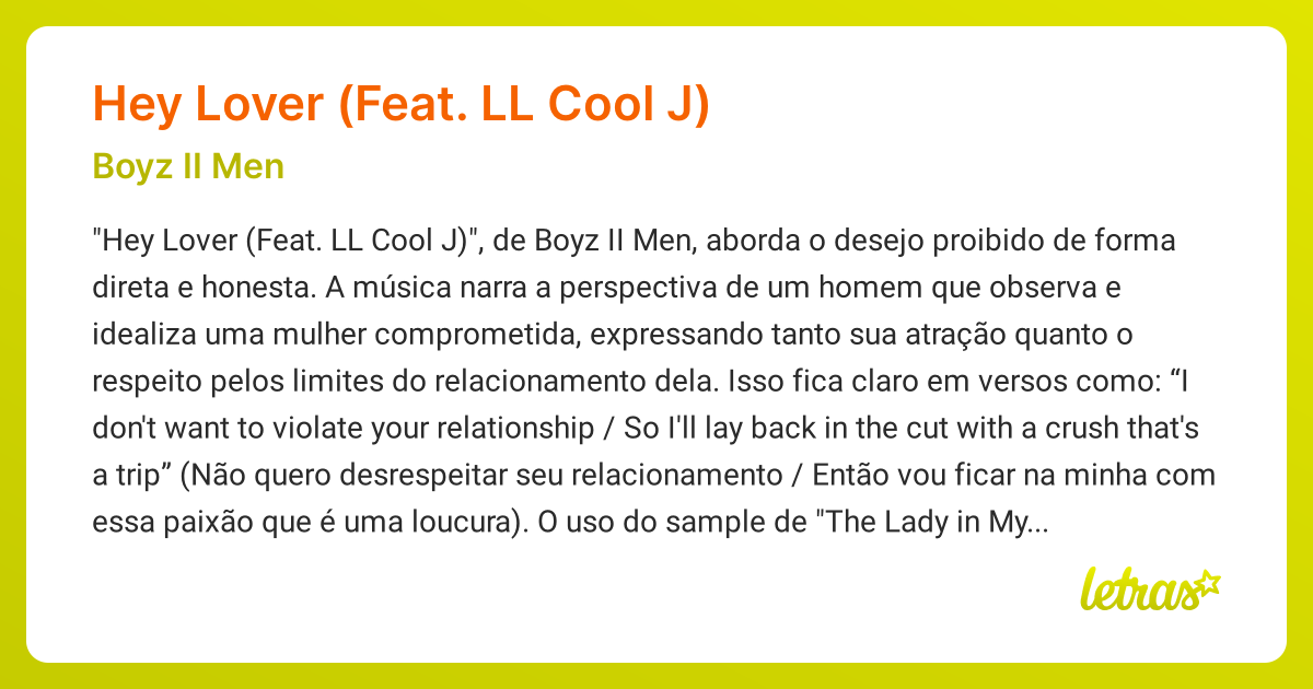 Significado da música HEY LOVER (FEAT. LL COOL J) (Boyz II Men ...
