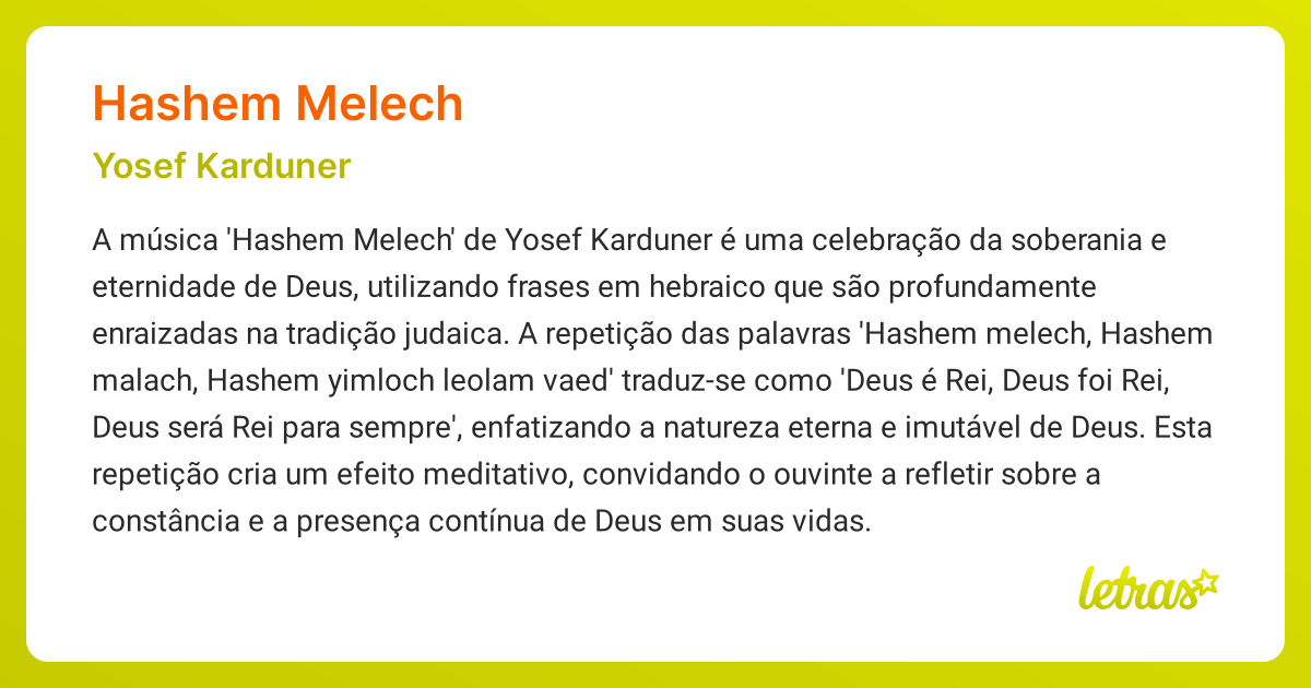 Significado da música HASHEM MELECH (Yosef Karduner) LETRAS.MUS.BR