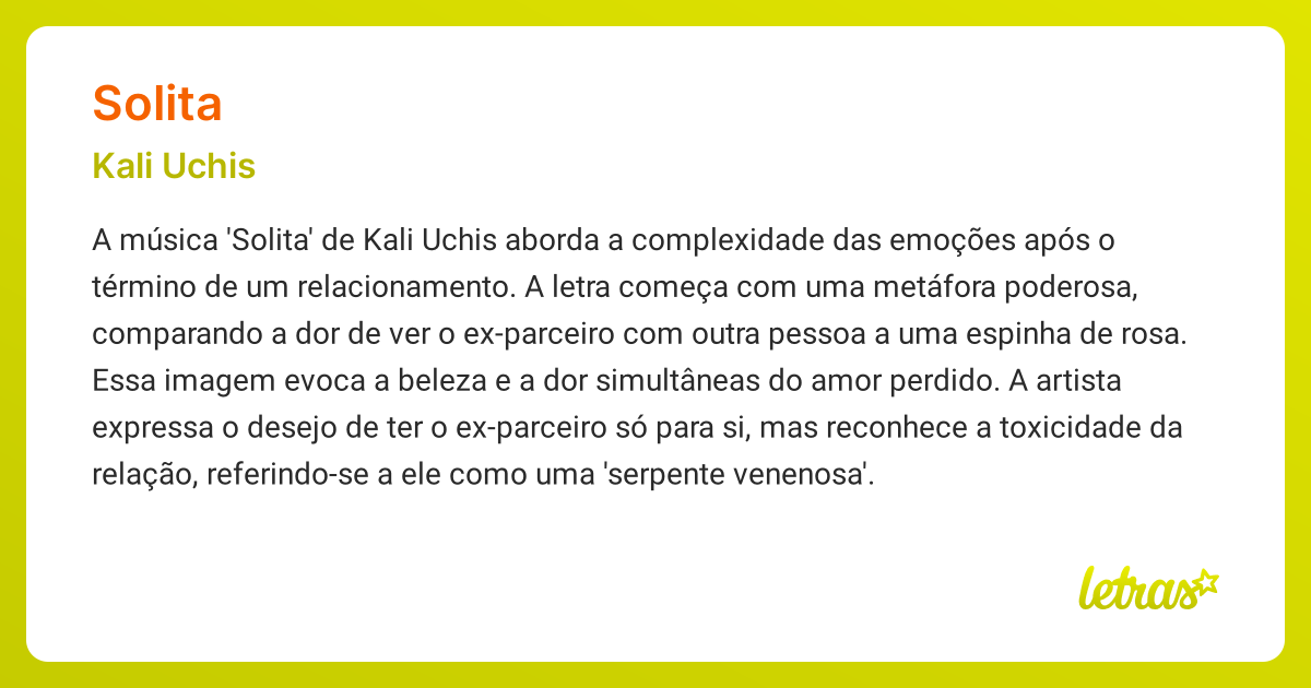 Significado da música SOLITA (Kali Uchis) - LETRAS.MUS.BR