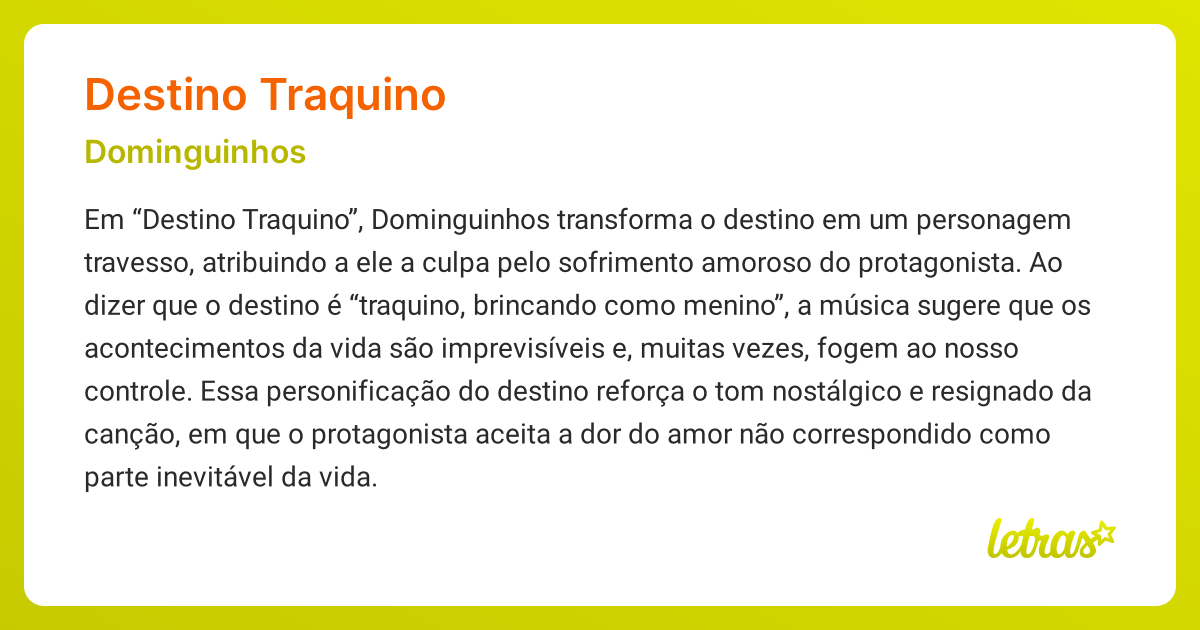 Significado da música DESTINO TRAQUINO (Dominguinhos) - LETRAS.MUS.BR