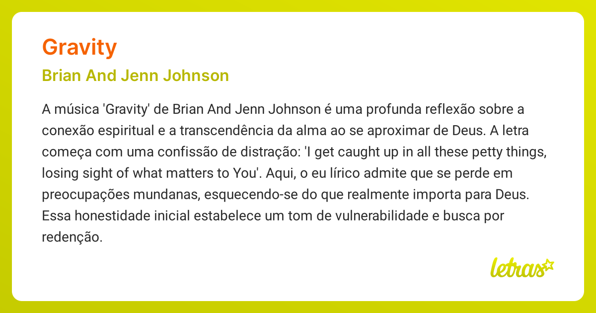 Significado da música GRAVITY (Brian And Jenn Johnson) LETRAS.MUS.BR