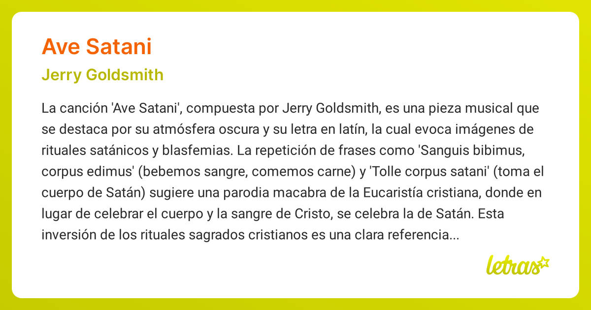 Significado de la canción AVE SATANI (Jerry Goldsmith) - LETRAS.COM