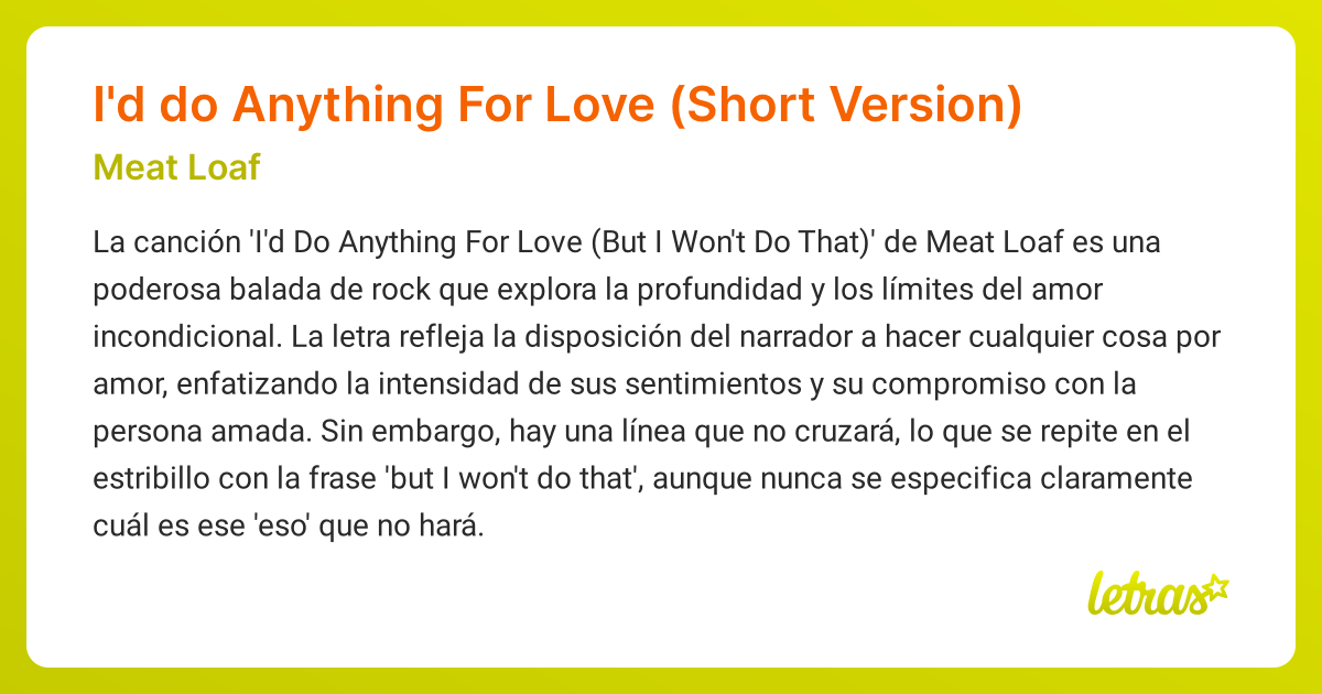 Significado de la canción I'd do Anything For Love (Short Version