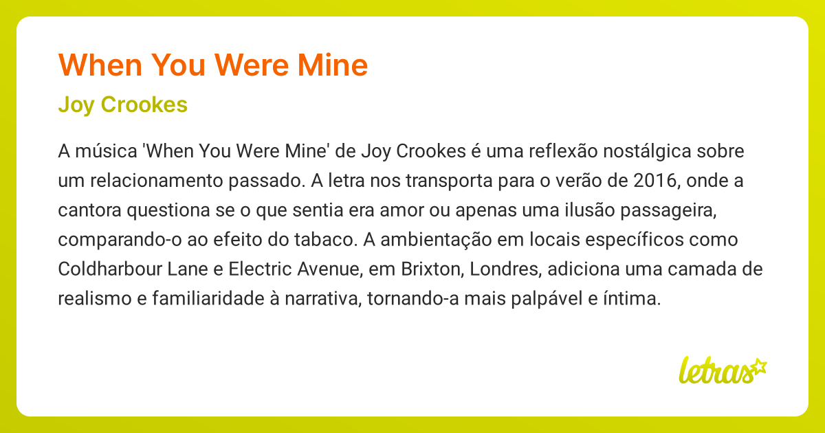 Significado da música WHEN YOU WERE MINE (Joy Crookes) - LETRAS.MUS.BR