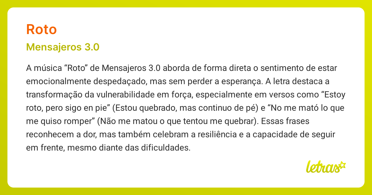 Significado da música ROTO (Mensajeros 3.0) - LETRAS.MUS.BR
