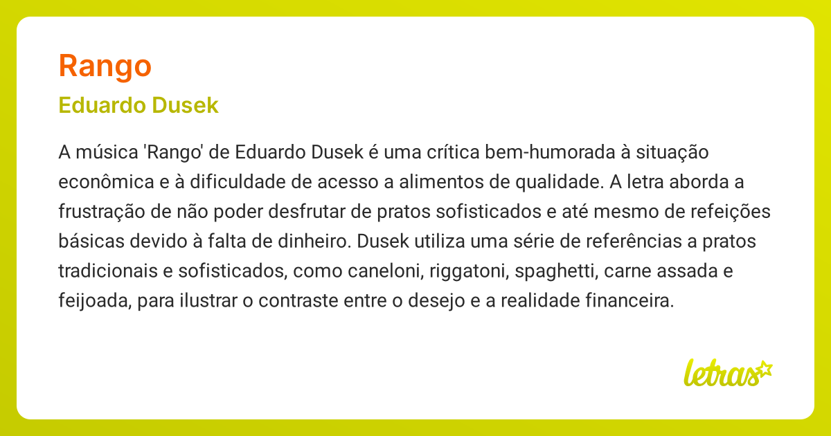 Significado da música RANGO (Eduardo Dusek) - LETRAS.MUS.BR