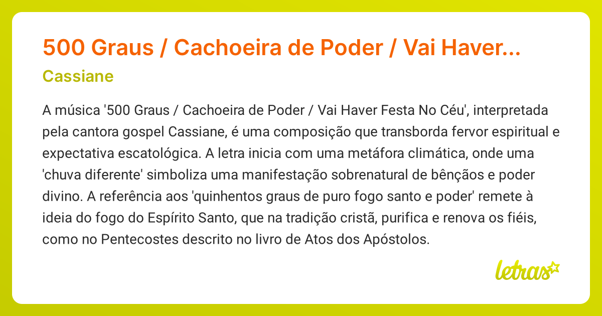 Significado da música 500 Graus / Cachoeira de Poder / Vai Haver Festa No  Céu (Cassiane)