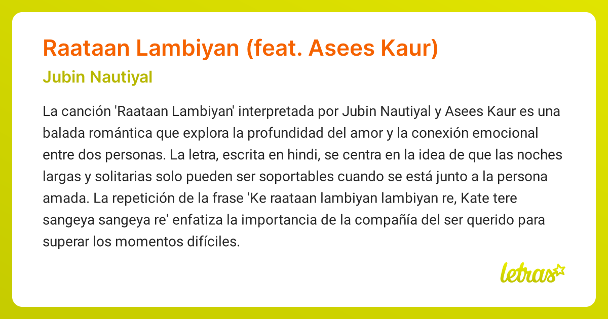 Significado de la canción Raataan Lambiyan (feat. Asees Kaur) (Jubin ...