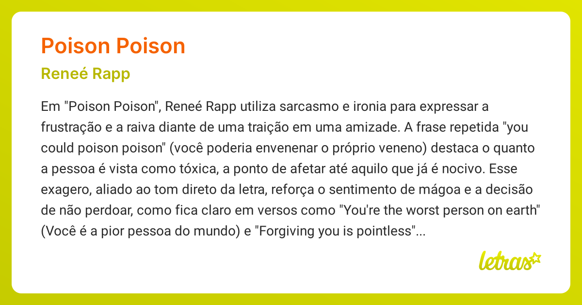 Significado da música POISON POISON (Reneé Rapp) - LETRAS.MUS.BR