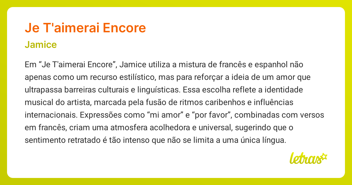 Significado da música JE T'AIMERAI ENCORE (Jamice) - LETRAS.MUS.BR