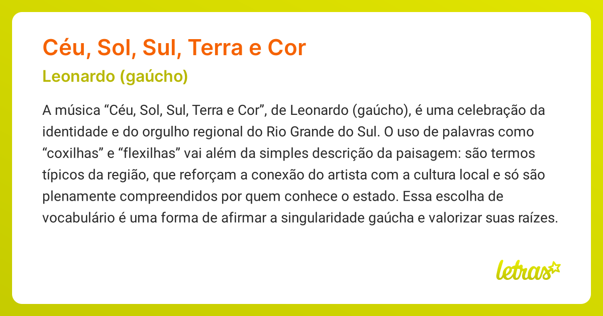 Significado da música CÉU, SOL, SUL, TERRA E COR (Leonardo (gaúcho ...