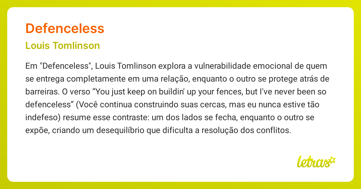 Significado da música DEFENCELESS (Louis Tomlinson) - LETRAS.MUS.BR