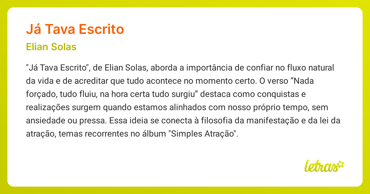 Significado da música JÁ TAVA ESCRITO (Elian Solas) - LETRAS.MUS.BR