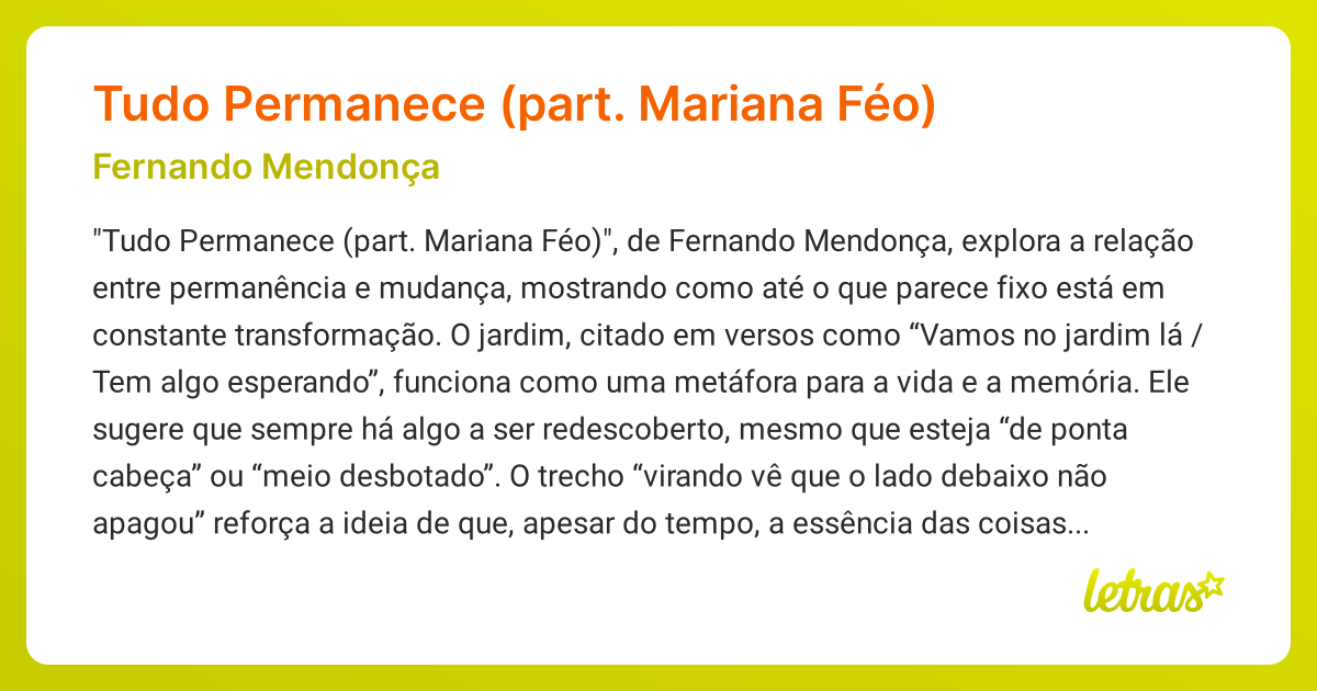 Significado da música Tudo Permanece (part. Mariana Féo) (Fernando ...