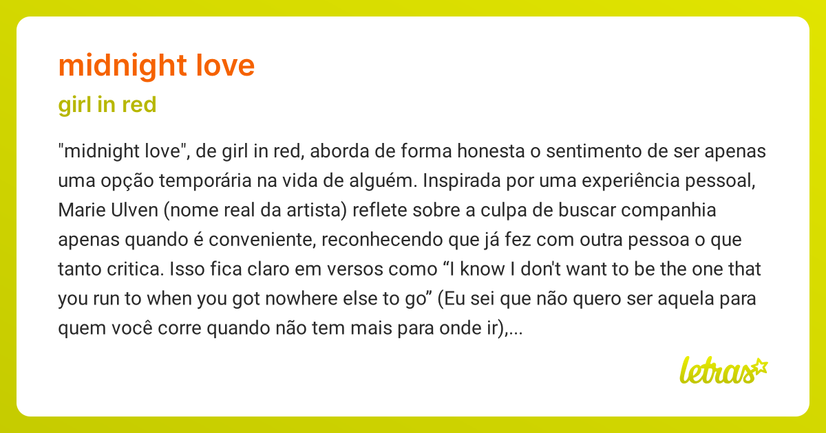Significado da música MIDNIGHT LOVE (girl in red) - LETRAS.MUS.BR